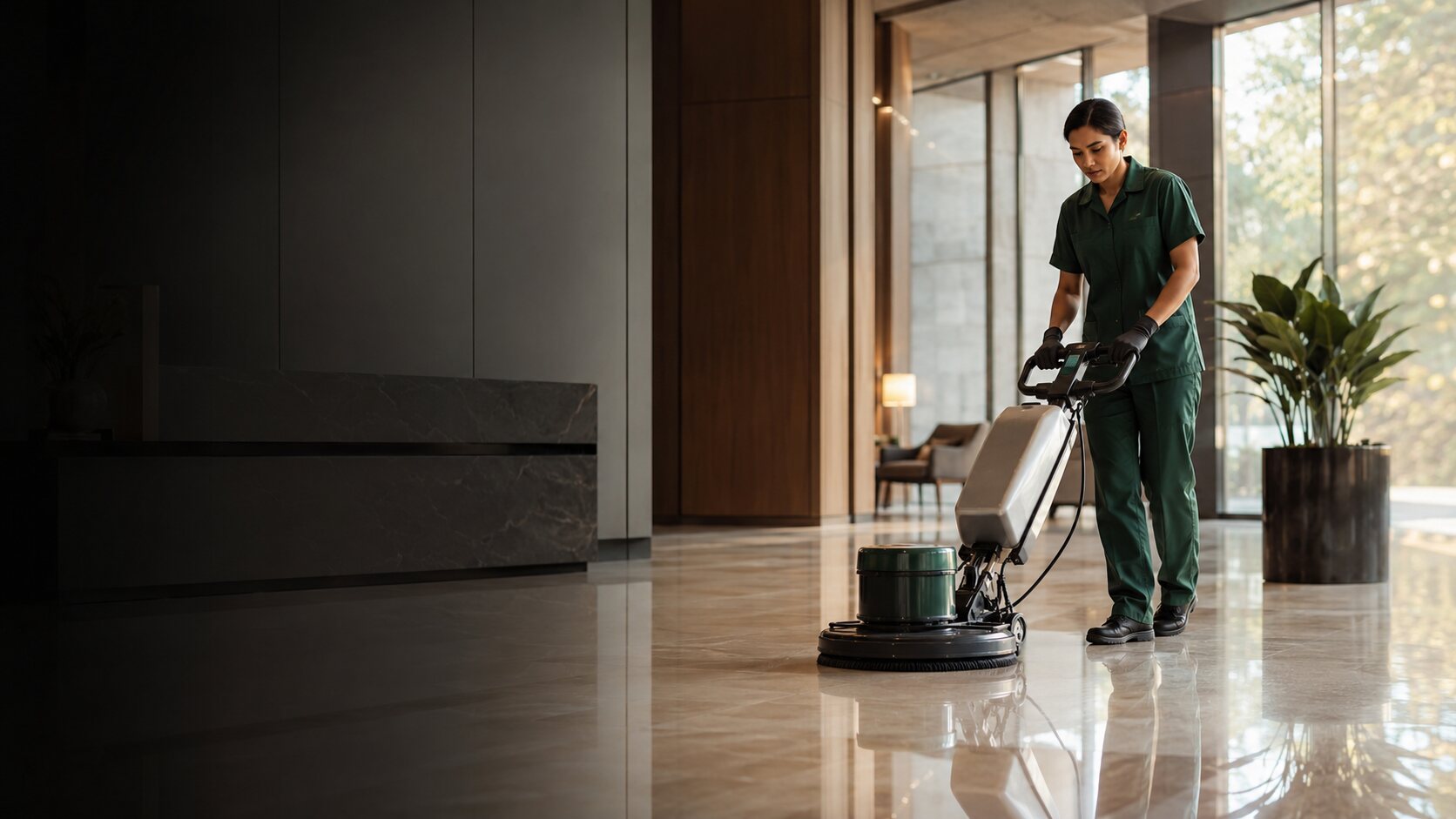 A professional cleaner caring for a bright modern lobby